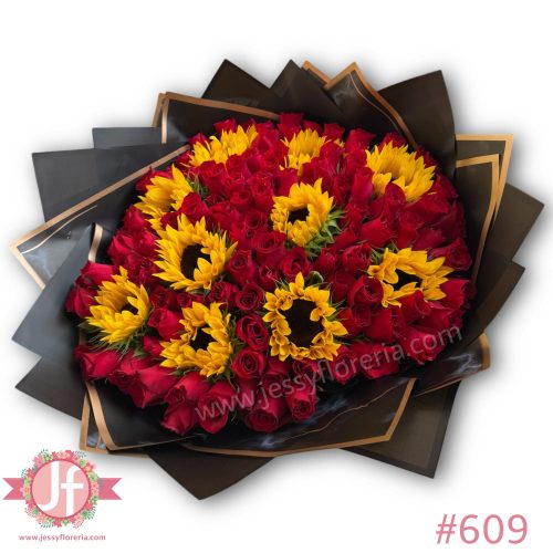 Ramo de 100 rosas y 10 girasoles