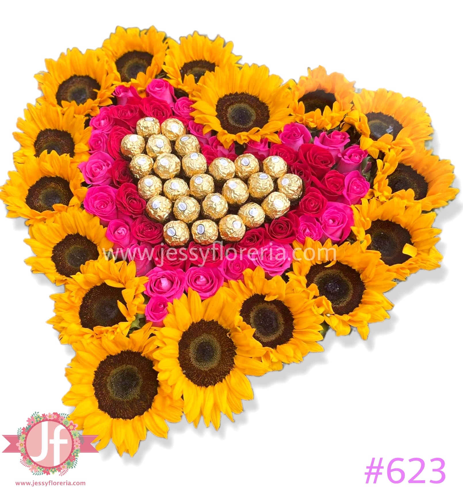 Caja de corazón con girasoles, rosas y ferreros