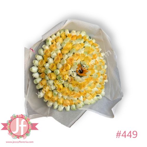 Ramo de 200 rosas blancas y amarillas con 1 girasol