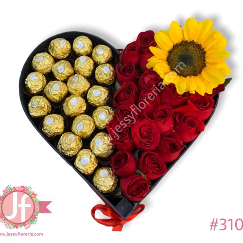 Corazón 20 rosas, girasol y 20 ferrero