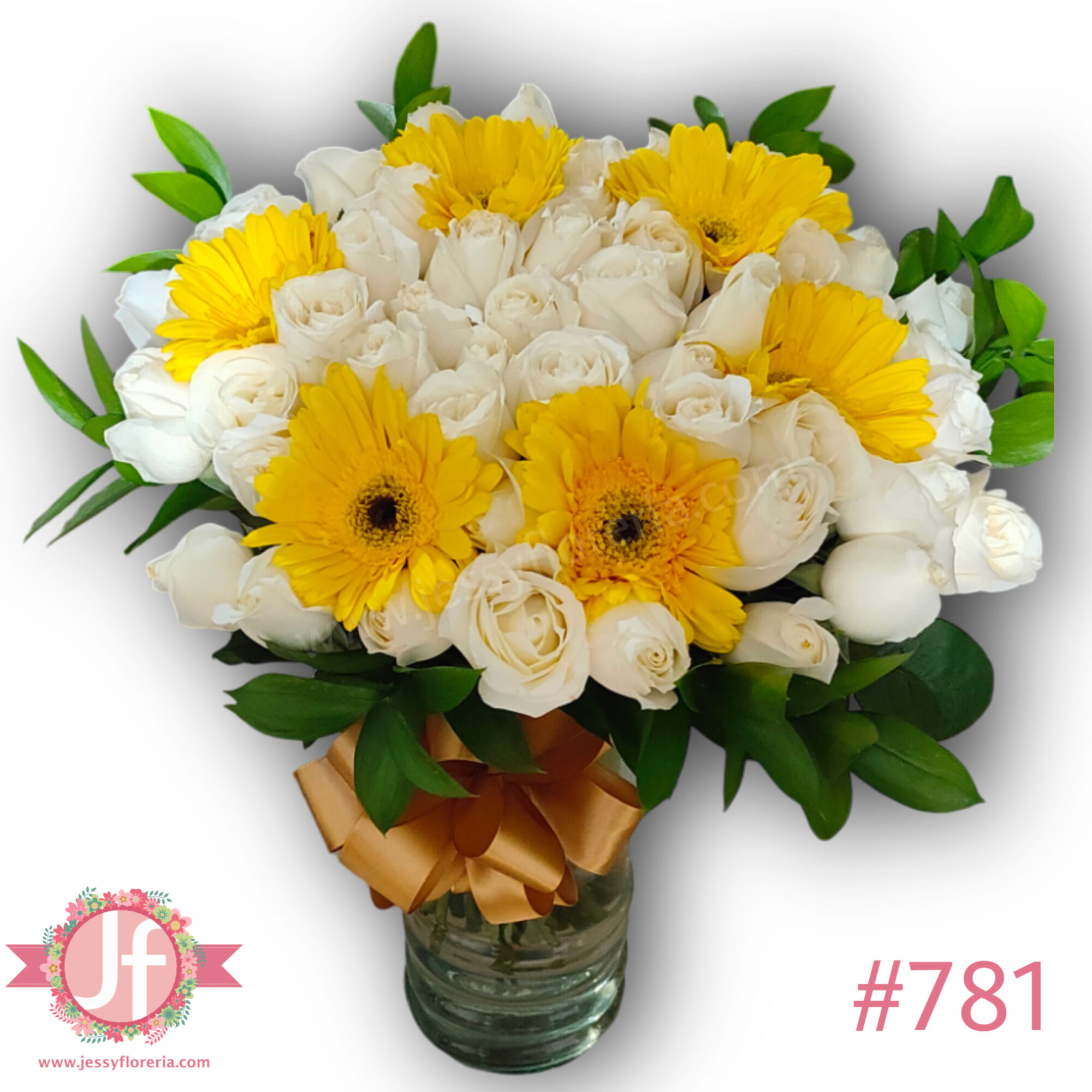Florero 50 rosas blancas y 6 gerberas