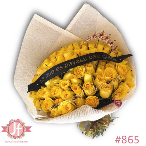 Ramo 100 rosas amarillas, listón y corona