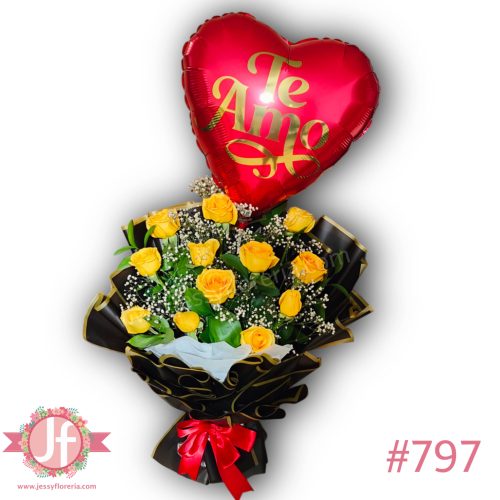 12 rosas amarillas empapelado y globo "Te Amo"