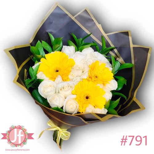 Bouquet 24 rosas blancas y 3 gerberas amarillas