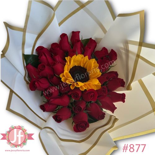 Bouquet 35 rosas rojas y girasol
