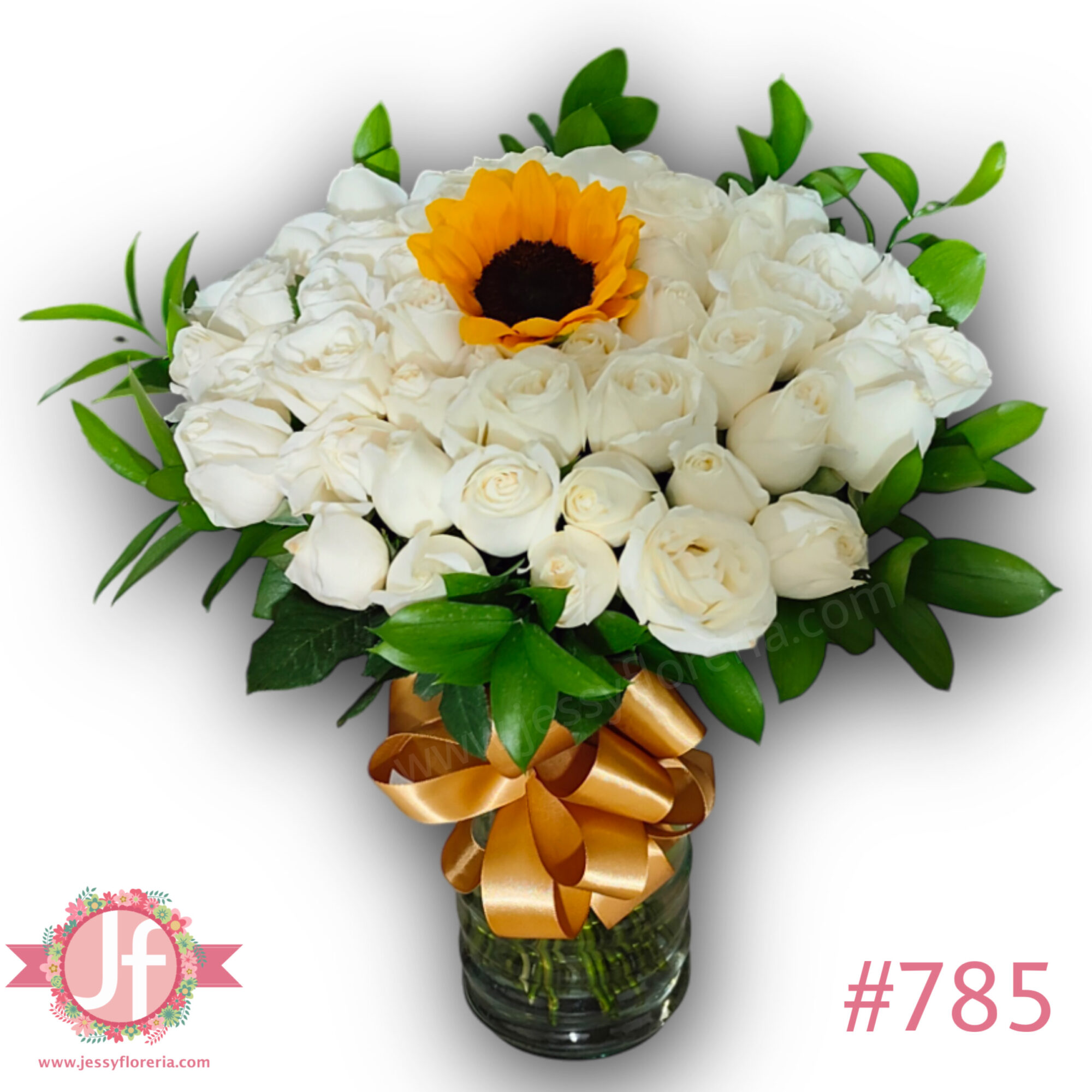 Florero 50 rosas blancas y girasol