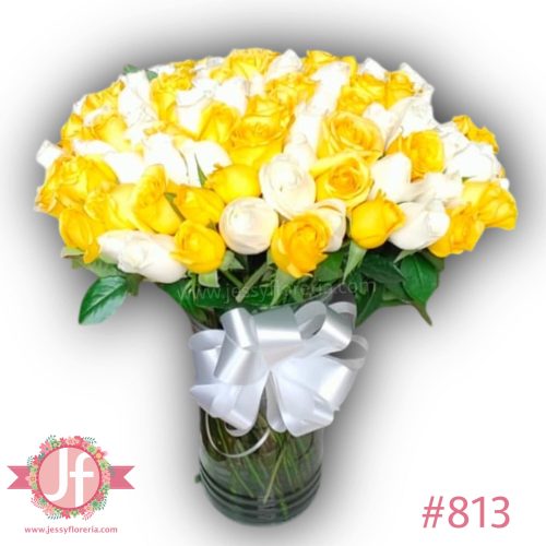 Florero 100 rosas amarillas y blancas