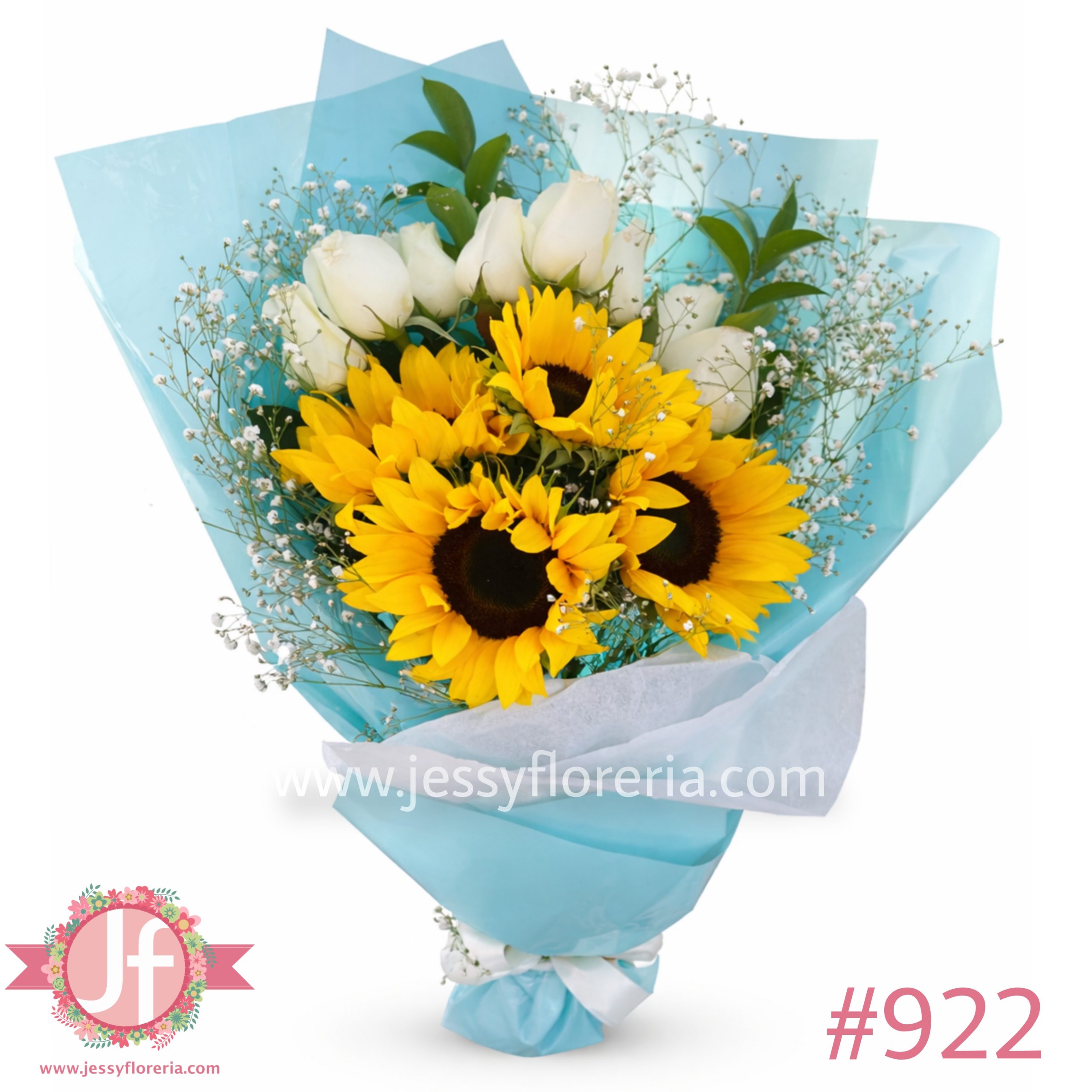 Bouquet 8 rosas blancas y 4 girasoles