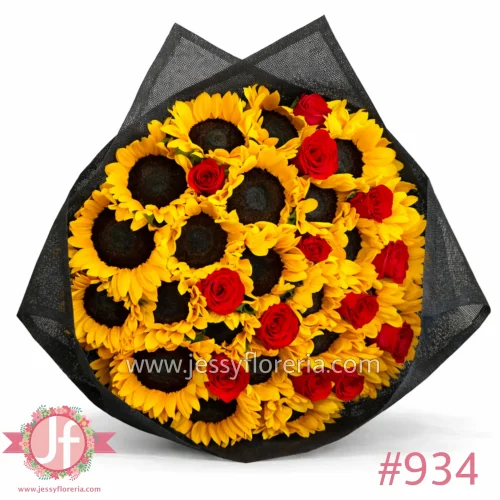 Ramo 30 girasoles y 12 rosas rojas