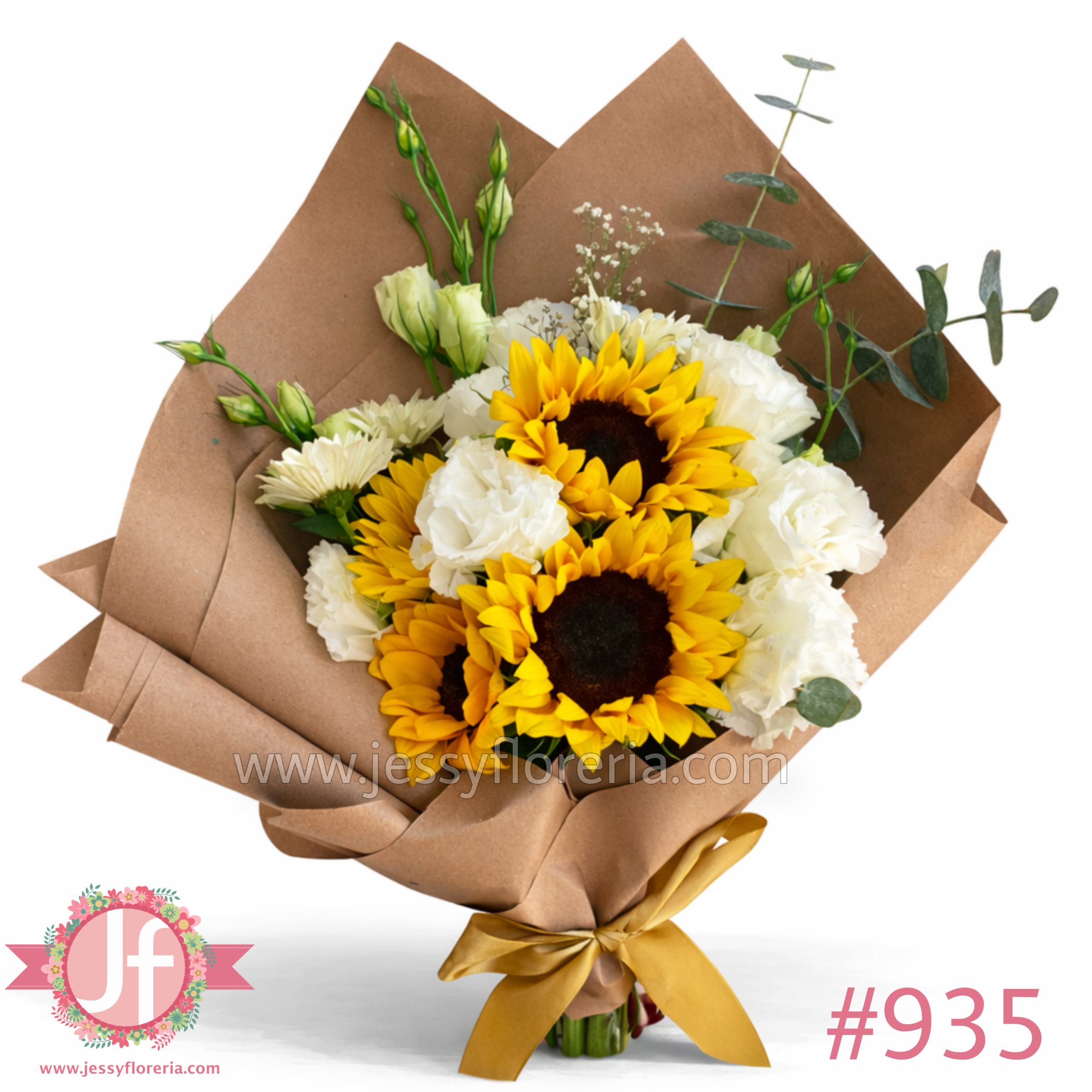 Bouquet 4 girasoles y lisianthus blanco