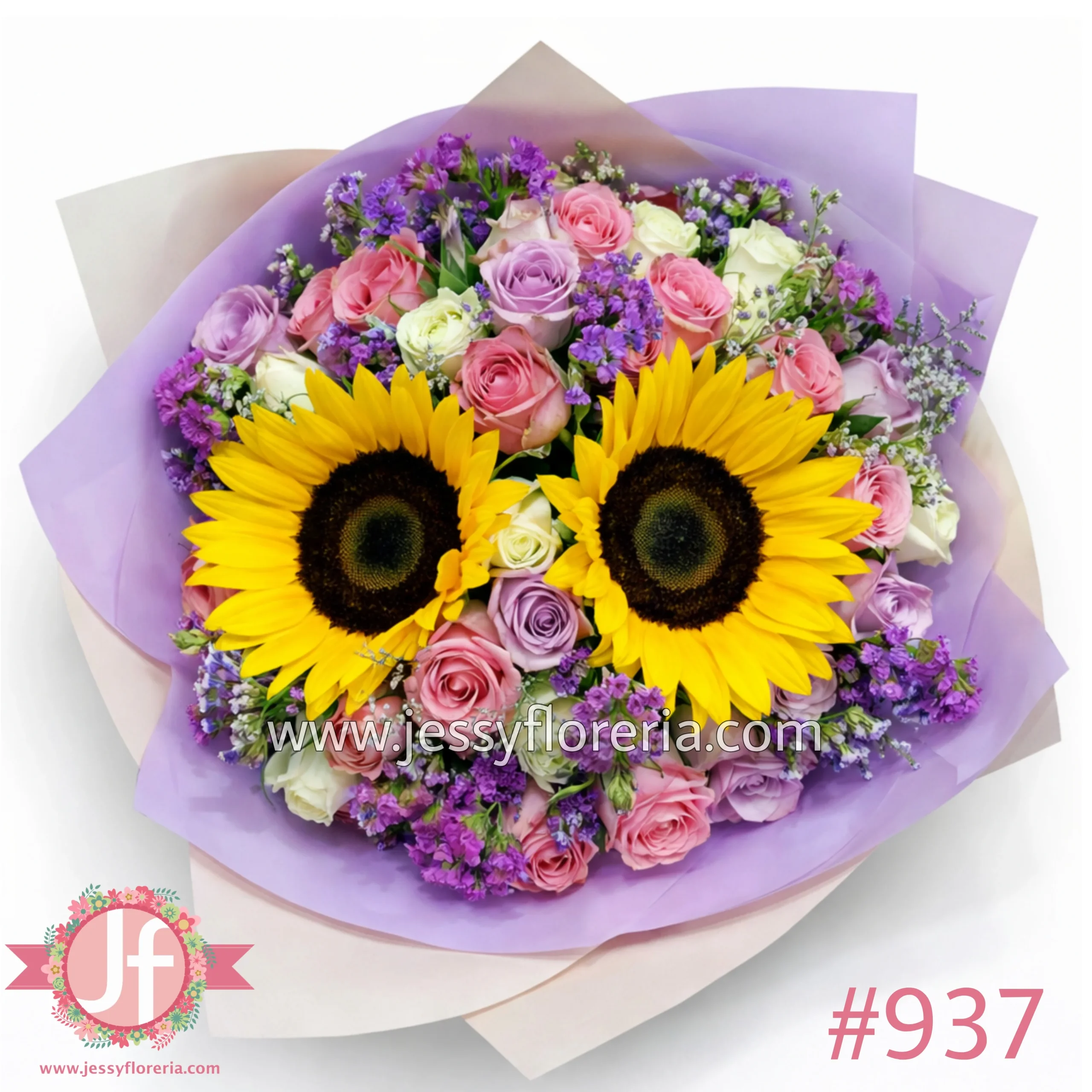 Bouquet 30 rosas, 2 girasoles y leticia