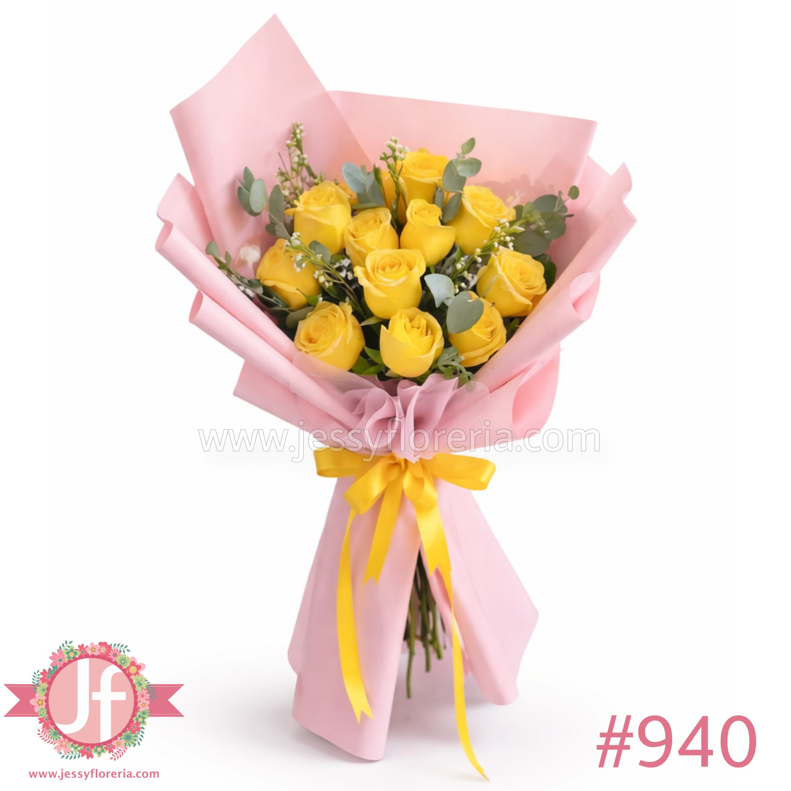 Bouquet 12 rosas amarillas y follaje