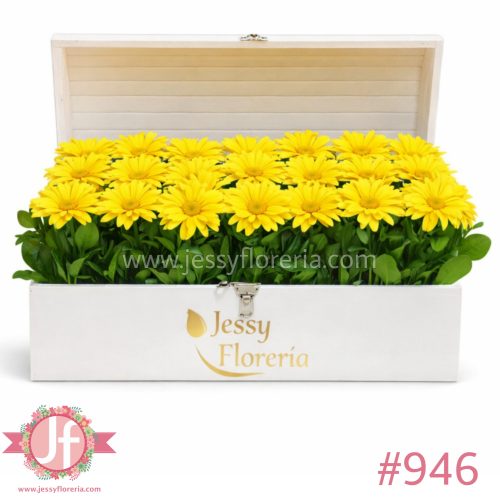 Cofre blanco con 28 gerberas amarillas