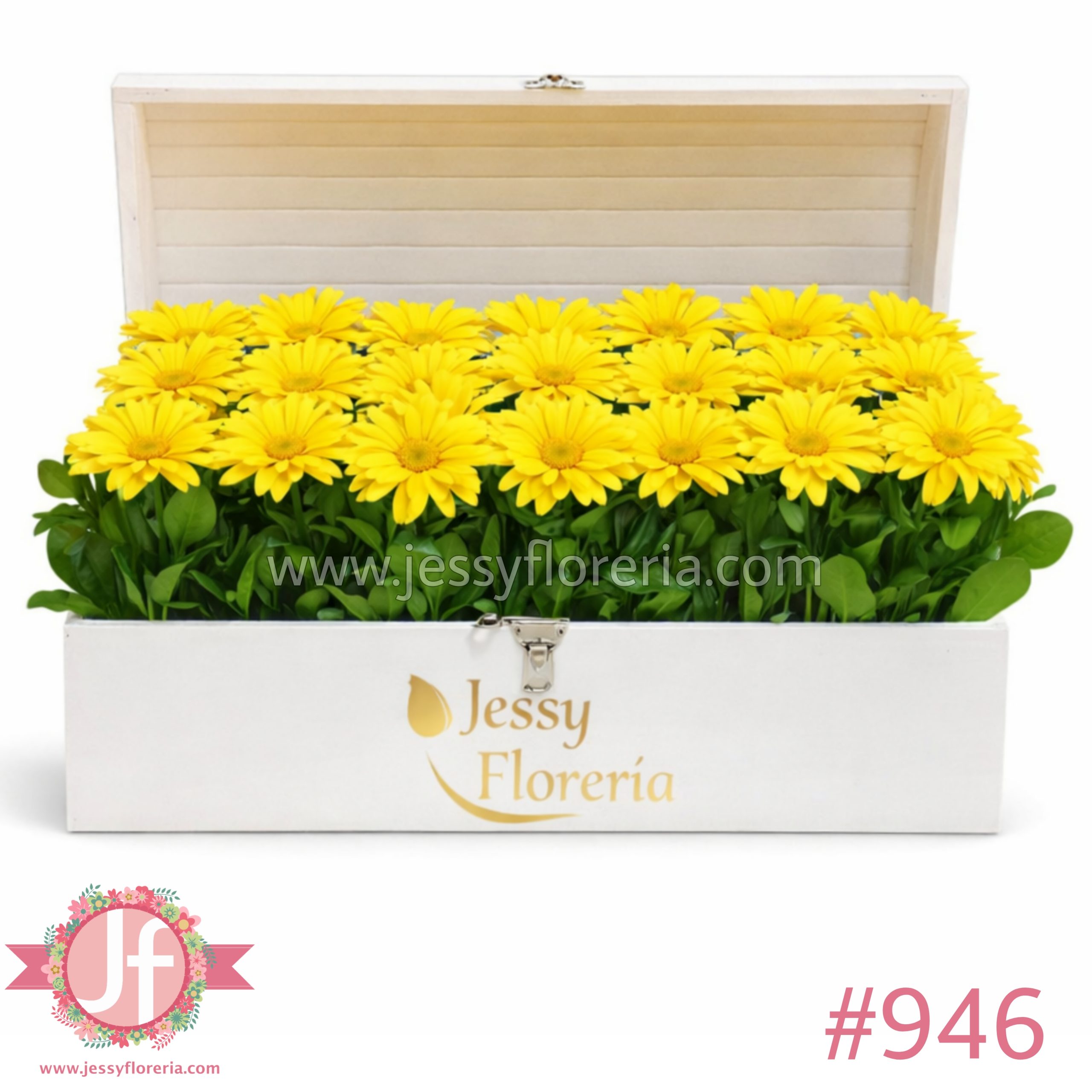 Cofre blanco con 28 gerberas amarillas