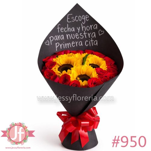 Bouquet 5 girasoles y 24 rosas rojas