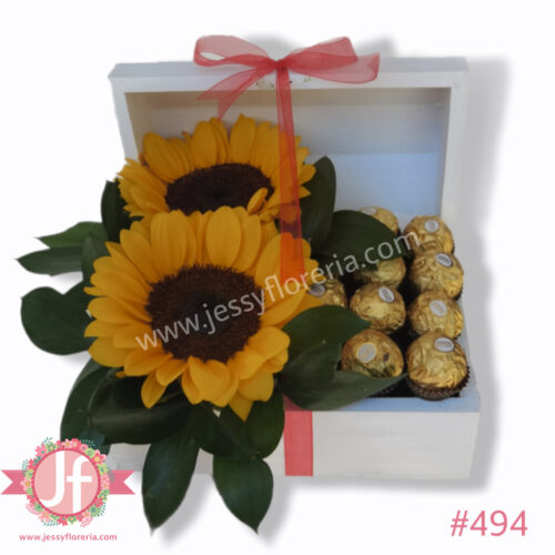 Cofre blanco con girasoles y 12 Ferreros