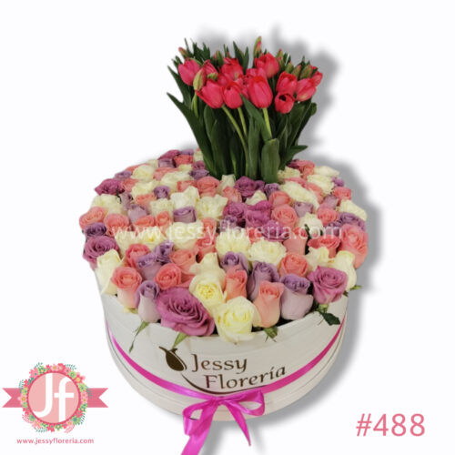 Caja con 100 rosas y 40 tulipanes - Pedir con un día de anticipación