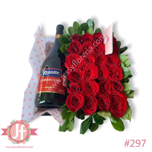 Caja con 24 rosas y botella