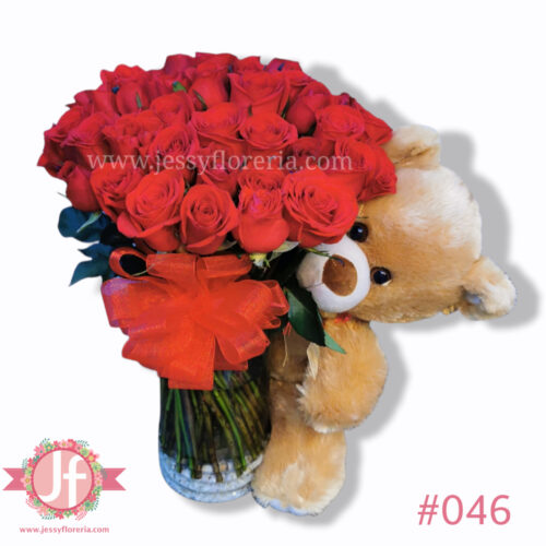 Florero con 50 rosas y peluche