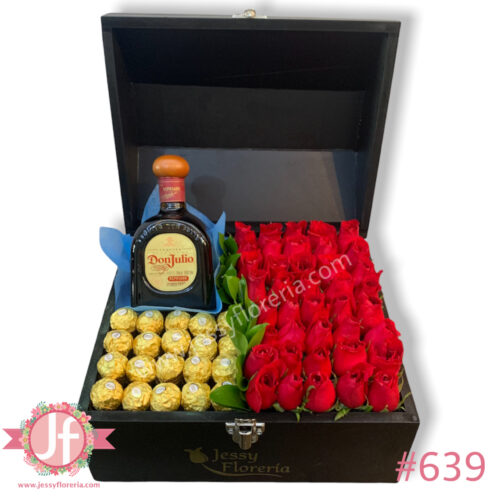 Cofre con 40 rosas, 20 ferreros y Don Julio reposado