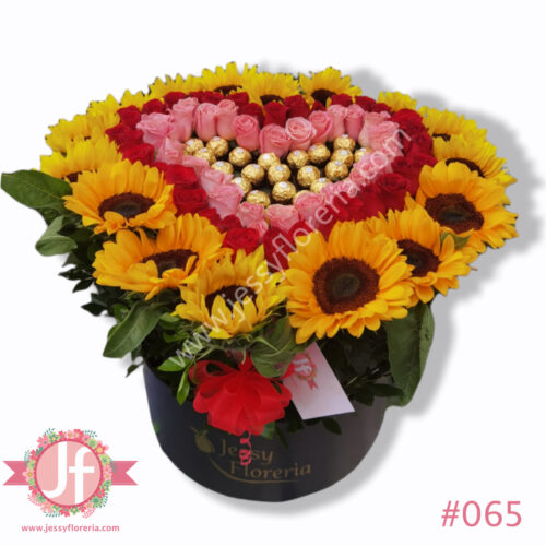 Caja girasoles rosas y Ferreros