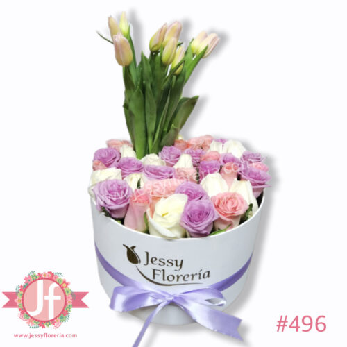 Caja circular con 35 rosas y 10 tulipanes - Pedir con un día de anticipación
