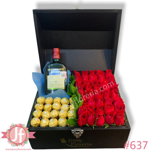 Cofre con 40 rosas, 20 ferreros y Buchanan's