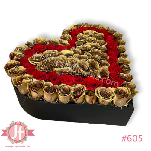 Caja negra con rosas doradas y corazón rojo