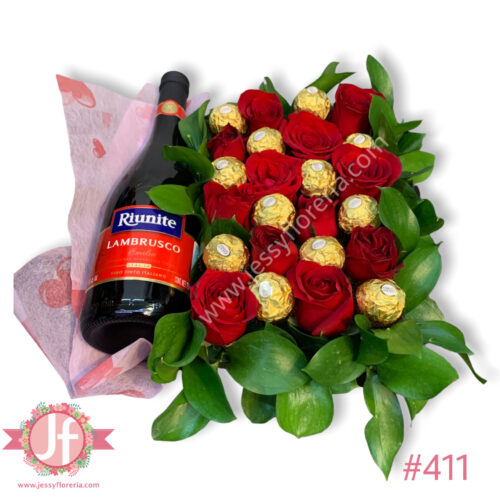 Caja rosas, ferreros y Lambrusco