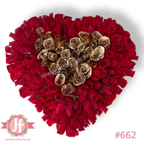 Corazón 200 rosas rojas y doradas