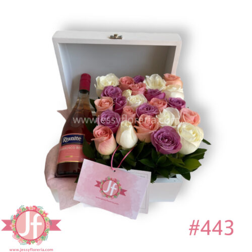 Cofre 25 rosas y Lambrusco rosado