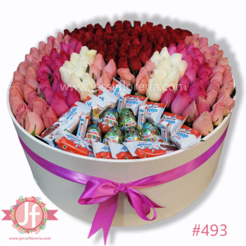 Caja circular 200 rosas y chocolates Kinder