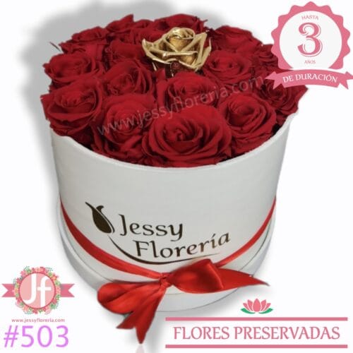 Caja 18 rosas eternas rojas y dorada