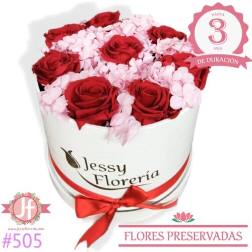 Caja 8 rosas rojas y hortensia