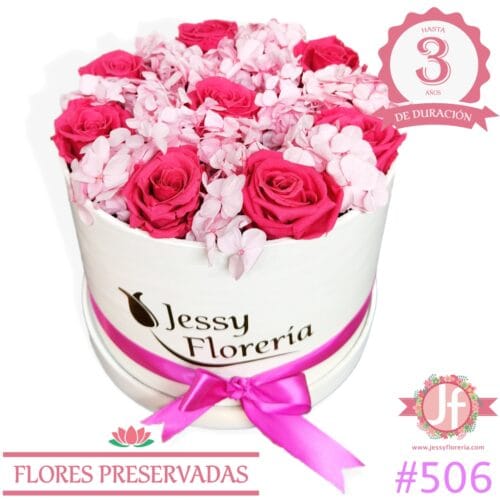 Caja 8 rosas rositas y hortensia.