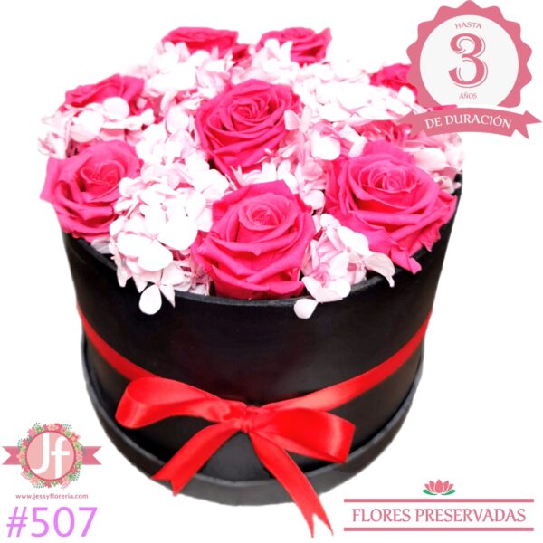 507 Caja 8 rosas eternas fiusha y hortensia