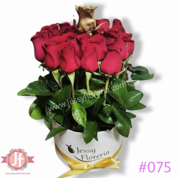 #075 Caja redonda con 24 rosas rojas y 1 dorada