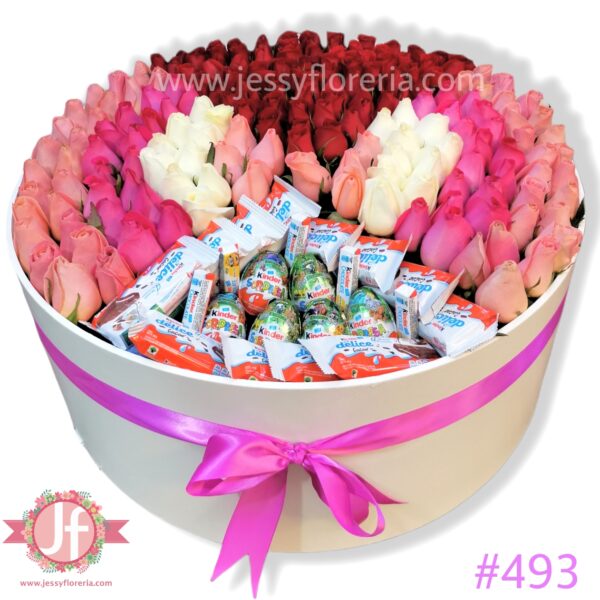 493 Caja circular 200 rosas y chocolates Kinder