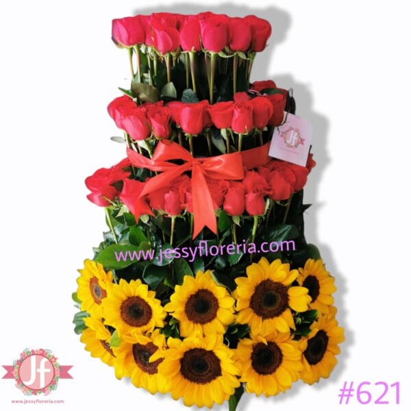 #621 Caja 25 girasoles y 120 rosas
