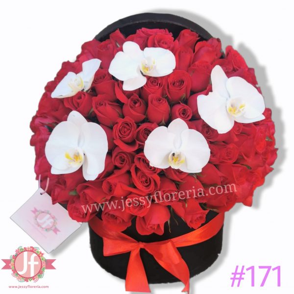 171 Caja circular 100 rosas y 2 varas de orquídeas