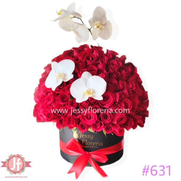 631 Caja circular 100 rosas y orquídeas