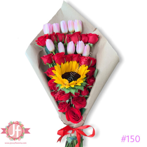 Ramo rosas, tulipanes y girasol - Pedir con un día de anticipación