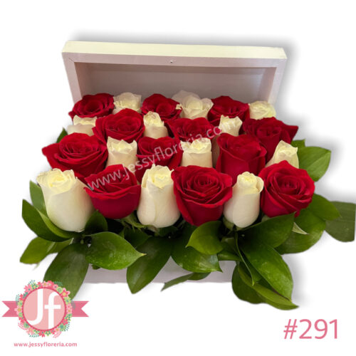 Cofre con 24 rosas rojas y blancas