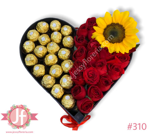 Corazón rosas, girasol y Ferrero