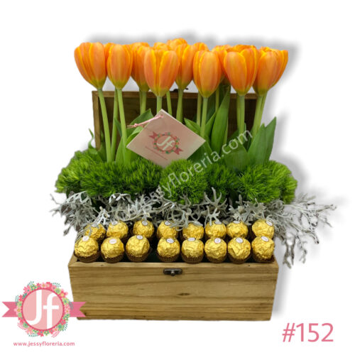 Cofre de tulipanes con ferreros - Pedir con un día de anticipación