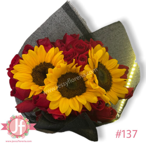 Bouquet 3 girasoles y 24 rosas rojas - Image 3