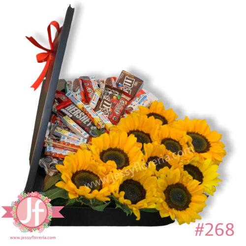 Corazón media tapa Girasoles y 30 chocolates