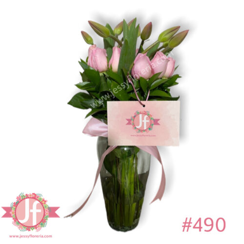 Florero 10 tulipanes y 12 rosas rosas - Pedir con un día de anticipación