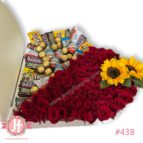 Corazón 45 chocolates  70 rosas y girasoles