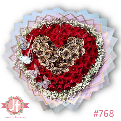 Ramo 100 rosas rojas con corazón dorado, gypsophilia y mariposas